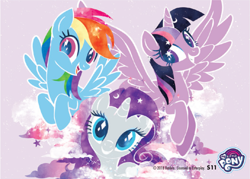 Size: 2079x1489 | Tagged: safe, imported from derpibooru, rainbow dash, rarity, twilight sparkle, alicorn, pegasus, pony, unicorn, cloud, cutie mark eyes, enterplay, merchandise, my little pony logo, twilight sparkle (alicorn), wingding eyes