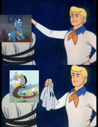 Size: 360x464 | Tagged: safe, edit, edited screencap, imported from derpibooru, screencap, discord, grogar, draconequus, ghost, human, sheep, the ending of the end, bedsheet ghost, fred jones, male, meme, ram, scooby doo