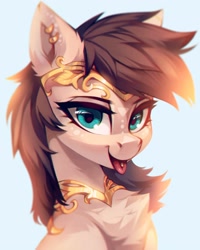 Size: 2400x3000 | Tagged: safe, artist:share dast, imported from derpibooru, oc, oc only, oc:kuri, pegasus, pony, bust, chest fluff, female, looking at you, mare, piercing, solo, tongue out