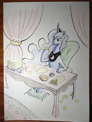 Size: 3024x4032 | Tagged: safe, artist:stink111, imported from derpibooru, princess luna, alicorn, pony, female, inkwell, pillow, quill, scroll, solo, table, traditional art