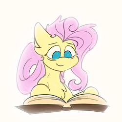 Size: 4000x4000 | Tagged: safe, artist:antimationyt, imported from derpibooru, fluttershy, pegasus, pony, the last problem, absurd resolution, bags under eyes, book, book of harmony, bust, chest fluff, female, looking at something, looking down, mare, no pupils, older, older fluttershy, reading, simple background, smiling, solo, white background