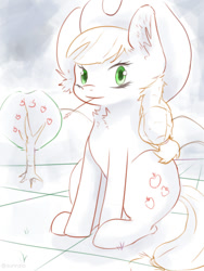 Size: 600x800 | Tagged: safe, artist:sunnzio, imported from derpibooru, applejack, earth pony, pony, apple, apple tree, chest fluff, female, hat, mare, sitting, sketch, straw in mouth, tree