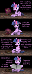 Size: 1200x2702 | Tagged: safe, artist:pika-robo, imported from derpibooru, twilight sparkle, alicorn, the ending of the end, 3d, black background, book, comic, end of an era, end of ponies, looking at you, purple text, simple background, source filmmaker, talking to viewer, text, twilight sparkle (alicorn)