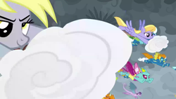 Size: 1280x720 | Tagged: safe, imported from derpibooru, screencap, blaze, cloud kicker, derpy hooves, fleetfoot, prominence, changedling, changeling, dragon, pegasus, pony, the ending of the end, cloud, epic derpy, flying, wonderbolts