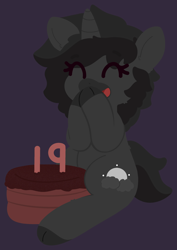 Size: 2230x3153 | Tagged: safe, artist:moonydusk, imported from derpibooru, oc, oc only, oc:moonlight disk, pony, unicorn, birthday candles, cake, eyes closed, female, food, mare, simple background, sitting