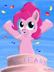 Size: 1800x2400 | Tagged: safe, artist:rockhoppr3, imported from derpibooru, pinkie pie, earth pony, pony, armpits, cake, female, food, happy birthday mlp:fim, mare, mlp fim's ninth anniversary, solo