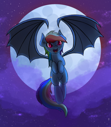 Size: 562x641 | Tagged: safe, artist:batsdisaster, artist:ponutabyss, imported from derpibooru, rainbow dash, bat pony, pony, bat ponified, colored sketch, fangs, female, full moon, mare, moon, race swap, rainbowbat, solo