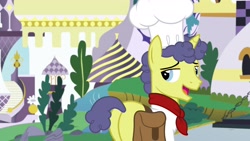 Size: 1920x1080 | Tagged: safe, imported from derpibooru, screencap, stove comet, pony, unicorn, the ending of the end, chef's hat, hat, looking back, male, saddle bag, solo, stallion