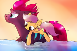 Size: 1600x1058 | Tagged: safe, artist:ch0c0butt, artist:northernlightsone, imported from derpibooru, scootaloo, tempest shadow, pegasus, pony, unicorn, broken horn, duo, female, filly, horn, mare, ponies riding ponies, riding, scootalove, water