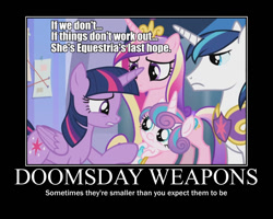 Size: 750x600 | Tagged: safe, edit, edited screencap, imported from derpibooru, screencap, princess cadance, princess flurry heart, shining armor, twilight sparkle, alicorn, the ending of the end, caption, doomsday weapon, image macro, text, twilight sparkle (alicorn)