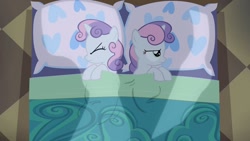 Size: 1280x720 | Tagged: safe, imported from derpibooru, screencap, sweetie belle, pony, unicorn, for whom the sweetie belle toils, angry, bed, clone, duo, female, filly, self ponidox, sweetie belle is not amused, unamused