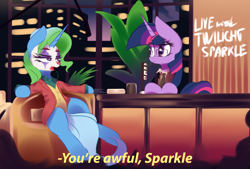 Size: 4037x2721 | Tagged: safe, artist:nevobaster, imported from derpibooru, trixie, twilight sparkle, pony, unicorn, arthur fleck, chair, city, clothes, crossover, dc comics, eyeshadow, face paint, female, flower, frown, glare, glasses, joker (2019), lidded eyes, makeup, mare, movie, murray franklin, necktie, parody, ponified, reference, sitting, suit, table, talk show, the joker, this will end in death, this will end in tears, this will end in tears and/or death, wide eyes