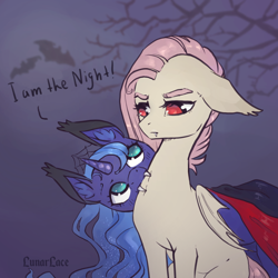 Size: 1200x1200 | Tagged: safe, artist:lunarlacepony, imported from derpibooru, fluttershy, princess luna, bat pony, monster pony, pony, vampire, bat ponified, biting, clothes, costume, cute, duo, fangs, female, flutterbat, fluttershy is not amused, i am the night, lunabat, lunabetes, mare, monster mare, nightmare night, race swap, shyabates, shyabetes, unamused