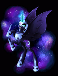 Size: 1900x2500 | Tagged: safe, artist:maryannesanctorum, imported from derpibooru, nightmare moon, alicorn, pony, black background, ethereal mane, female, galaxy mane, glowing horn, helmet, hoof shoes, horn, mare, open mouth, rearing, simple background, solo, starry mane