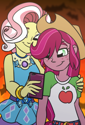 Size: 698x1024 | Tagged: safe, artist:verumteednp, deleted from derpibooru, imported from derpibooru, gloriosa daisy, vignette valencia, equestria girls, cellphone, clothes, clothes swap, cowboy hat, female, gloriette, hat, implied lesbian, implied rarijack, implied shipping, lesbian, phone, shipping, smartphone, stetson