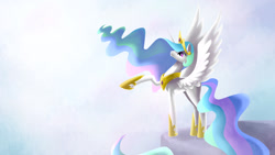 Size: 1920x1080 | Tagged: safe, artist:nicolebringas, imported from derpibooru, princess celestia, alicorn, pony, crown, female, hoof shoes, jewelry, mare, peytral, regalia, sky, solo, spread wings, wings