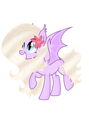 Size: 3583x4961 | Tagged: safe, artist:mint-light, artist:riofluttershy, imported from derpibooru, oc, oc:vimpira, bat, bat pony, pony, bat pony oc, bat wings, flower, flower in hair, grin, raised hoof, smiling, wings