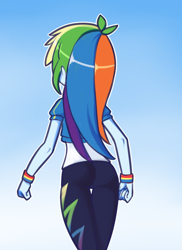 Size: 1152x1584 | Tagged: safe, artist:drantyno, imported from derpibooru, rainbow dash, equestria girls, ass, butt, female, gradient background, rainbutt dash, rear view, solo