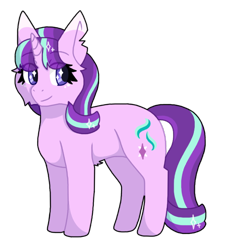 Size: 514x572 | Tagged: safe, artist:eveniing12, derpibooru exclusive, imported from derpibooru, starlight glimmer, pony, unicorn, 3/4 view, alternate design, alternate universe, belly fluff, cheek fluff, colored ears, colored lineart, colored pupils, cute, digital art, eye clipping through hair, female, glimmerbetes, shading, simple background, smiling, solo, standing, starry eyes, three quarter view, torn ear, transparent background, wingding eyes