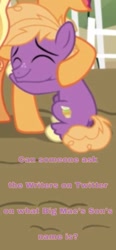 Size: 714x1536 | Tagged: safe, edit, edited screencap, imported from derpibooru, screencap, applejack, little mac, pony, the last problem, colt, cropped, dirt, female, ground, happy, hug, male, request, sweet apple acres