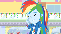 Size: 1164x655 | Tagged: safe, imported from derpibooru, screencap, rainbow dash, equestria girls, equestria girls series, holidays unwrapped, spoiler:eqg series (season 2), awkward, awkward smile, canterlot mall, cute, dashabetes, female, geode of super speed, magical geodes, plusplus, smiling