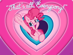 Size: 1408x1056 | Tagged: safe, artist:frist44, imported from derpibooru, pinkie pie, earth pony, pony, the last problem, armpits, chest fluff, crossover, crying, end of ponies, female, frog (hoof), goodbye, heart, hoofbutt, looney tunes, parody, smiling, solo, that's all folks, underhoof, warner brothers