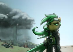 Size: 1920x1363 | Tagged: safe, artist:captainhoers, imported from derpibooru, oc, oc only, oc:atom smasher, pegasus, pony, fallout equestria, fallout equestria: duck and cover, clothes, fanfic art, female, glasses, goggles, gun, jacket, jumpsuit, mare, pipbuck, shutter shades, solo, sunglasses, swirly glasses, vault suit, wasteland, weapon