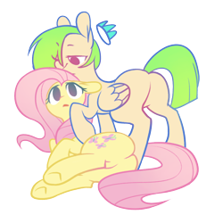 Size: 1000x1000 | Tagged: safe, artist:illiuminc, imported from derpibooru, fluttershy, oc, oc:illium, pegasus, pony, duo, female, mare, simple background, transparent background