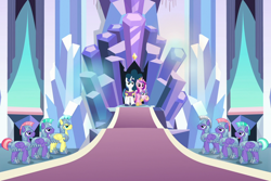 Size: 1618x1079 | Tagged: safe, imported from derpibooru, screencap, amethyst stone, princess cadance, princess flurry heart, shining armor, alicorn, pony, unicorn, the ending of the end, armor, cropped, crystal empire, crystal guard, crystal guard armor, crystal palace, female, foal, male, mare, stallion, throne room