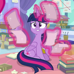 Size: 703x702 | Tagged: safe, imported from derpibooru, screencap, twilight sparkle, alicorn, pony, the ending of the end, book, concerned, cropped, female, glowing horn, gritted teeth, horn, letter, magic, mare, sitting, solo, telekinesis, twilight sparkle (alicorn), worried