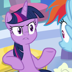 Size: 1078x1078 | Tagged: safe, imported from derpibooru, screencap, rainbow dash, twilight sparkle, alicorn, pegasus, pony, the ending of the end, angry, annoyed, cropped, duo, female, frown, gesture, leaning, mare, reaction image, twilight sparkle (alicorn)