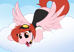 Size: 4093x2894 | Tagged: safe, artist:sugaryviolet, imported from derpibooru, oc, oc only, oc:weathervane, pegasus, pony, clothes, cloud, crouching, female, headset, looking down, mare, microphone, shirt, solo, spread wings, wings