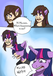 Size: 2480x3507 | Tagged: safe, artist:mcsplosion, imported from derpibooru, twilight sparkle, human, comic:twi-tulpa, about to scream, comic, confused, descriptive noise, horse noises, human to pony, long hair, male, male to female, panic, pony face, rule 63, scared, transformation, transgender transformation, twilighting, whinny