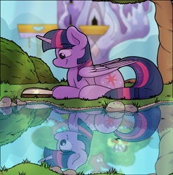 Size: 4429x4481 | Tagged: safe, artist:ljdamz1119, imported from derpibooru, twilight sparkle, alicorn, pony, unicorn, altered reflection, book, digital art, end of ponies, female, golden oaks library, happy birthday mlp:fim, lying down, mare, mlp fim's ninth anniversary, prone, reflection, smiling, solo, tree, twilight sparkle (alicorn), twilight's castle, unicorn twilight, water