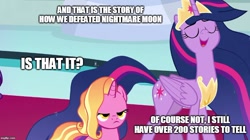 Size: 888x499 | Tagged: safe, edit, edited screencap, imported from derpibooru, screencap, luster dawn, twilight sparkle, alicorn, pony, unicorn, the last problem, dialogue, duo, ethereal mane, exploitable meme, female, implied nightmare moon, luster dawn is not amused, mare, meme, mid-blink screencap, older, older twilight, princess twilight 2.0, reminiscing, text, twilight 2.0's reminiscences, twilight sparkle (alicorn), ultimate twilight