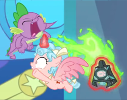 Size: 982x768 | Tagged: safe, imported from derpibooru, screencap, cozy glow, spike, alicorn, the ending of the end, alicornified, attempted murder, bell, bow, cozybuse, cozycorn, cropped, dragon breath, fire, fire breath, flying, grogar's bell, levitation, magic, race swap, stained glass, tail bow, telekinesis