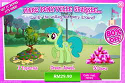 Size: 1037x690 | Tagged: safe, imported from derpibooru, green jewel, earth pony, pony, advertisement, background pony, costs real money, female, gameloft, gem, mare, official, raised hoof, sale, topiary