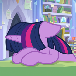 Size: 983x983 | Tagged: safe, imported from derpibooru, screencap, twilight sparkle, alicorn, pony, the ending of the end, book, cropped, depressed, facedesk, female, floppy ears, headdesk, library, mare, sad, solo, twilight sparkle (alicorn)