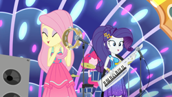 Size: 1920x1080 | Tagged: safe, imported from derpibooru, screencap, fluttershy, pinkie pie, rarity, equestria girls, equestria girls series, spring breakdown, spoiler:eqg series (season 2), all good (song), beautiful, cute, cymbals, drum kit, drum set, drums, eyes closed, eyeshadow, female, hi-hat, keytar, makeup, microphone, microphone stand, musical instrument, raribetes, shyabetes, speaker, speakers, stage, tambourine