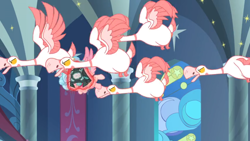 Size: 1366x768 | Tagged: safe, imported from derpibooru, screencap, cozy glow, alicorn, bird, goose, the ending of the end, alicornified, attack, banner, bell, cozybuse, cozycorn, flock, flying, geese, grogar's bell, levitation, magic, race swap, stained glass window, telekinesis