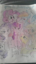 Size: 5312x2988 | Tagged: safe, artist:scottishlunaripoff, imported from derpibooru, applejack, fluttershy, pinkie pie, rainbow dash, rarity, twilight sparkle, alicorn, earth pony, pegasus, pony, unicorn, colored, happy birthday mlp:fim, mane six, mlp fim's ninth anniversary, simple background, traditional art, twilight sparkle (alicorn), white background