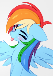 Size: 872x1232 | Tagged: safe, artist:omi, imported from derpibooru, rainbow dash, pegasus, pony, blushing, chest fluff, cute, dashabetes, ear fluff, female, floppy ears, fluffy, mare, one eye closed, smiling, solo, tongue out, waifu, wing fluff, wings