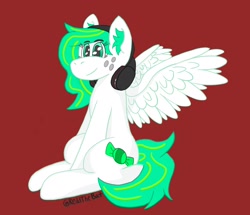 Size: 2418x2076 | Tagged: safe, artist:reddthebat, imported from derpibooru, oc, oc only, oc:mints, pegasus, pony, female, freckles, headphones, mare, sitting, solo, wings