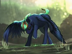 Size: 1280x964 | Tagged: safe, artist:kitmurade, imported from derpibooru, oc, oc only, oc:hellfire, pegasus, pony, alone, alternate hairstyle, blue fur, colt, fanfic art, foal, forest, future, grass, male, red eyes, science fiction, solo, swamp, visor, water, wet, wings