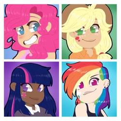 Size: 400x400 | Tagged: safe, artist:bloodyarchimedes, imported from derpibooru, applejack, pinkie pie, rainbow dash, twilight sparkle, human, alternate hairstyle, alternative cutie mark placement, applejack's hat, blushing, clothes, commission, cowboy hat, cute, dark skin, ear piercing, earring, facial cutie mark, female, freckles, hat, humanized, jewelry, piercing, shirt, simple background, smiling, tanktop, white background