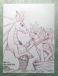 Size: 680x900 | Tagged: safe, artist:robbiecave, imported from derpibooru, oc, oc only, oc:blue steel, oc:noctis shield, siren, cloven hooves, female, heart, horn, male, mare, stallion, traditional art