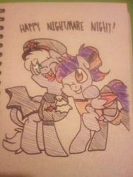 Size: 1536x2048 | Tagged: safe, artist:paperbagpony, imported from derpibooru, oc, oc only, pegasus, pony, unicorn, vampire, cheerleader, crossdressing, fake wings, fangs, leonine tail, male, police, traditional art