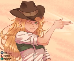 Size: 1280x1067 | Tagged: safe, artist:stasikkarasik, imported from derpibooru, applejack, human, equestria girls, bust, cowboy hat, cute, female, finger gun, freckles, hat, humanized, jackabetes, looking at you, one eye closed, smiling, smiling at you, solo, wink