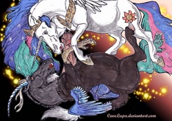 Size: 900x632 | Tagged: safe, artist:cavelupa, imported from derpibooru, discord, princess celestia, alicorn, draconequus, fight, hoers, princess celestia is a horse, realistic
