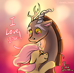 Size: 1906x1865 | Tagged: safe, artist:cornelia_nelson, imported from derpibooru, discord, fluttershy, abstract background, blushing, crying, cute, dialogue, discoshy, discute, eyes closed, female, happy birthday mlp:fim, hug, i love you, male, mlp fim's ninth anniversary, shipping, shyabetes, sketch, smiling, straight, teary eyes, text